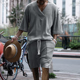 KKBOXLY 2025 Sports suit men's high-end New new casual loose jacquard knitted sweater top shorts men's suit