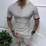 2025KKBOXLY popular  Summer New  Hooded Waffle T-Shirt Men's Sports Casual Short Sleeve Shorts Set