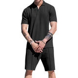 2025KKBOXLY  new men's summer waffle lapel solid color thin casual PoloV neck T-shirt shorts two sets