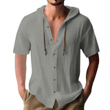 KKBOXLY 2025 men's solid color casual short-sleeved shirt hooded drawstring cotton and linen cardigan trendy versatile loose versatile T-shirt