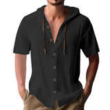 KKBOXLY 2025 men's solid color casual short-sleeved shirt hooded drawstring cotton and linen cardigan trendy versatile loose versatile T-shirt