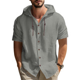 KKBOXLY 2025 men's casual sports long-sleeved shirt versatile trend cotton and linen short-sleeved hooded drawstring cardigan loose T-shirt