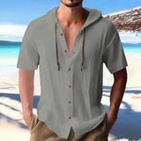 KKBOXLY 2025 men's solid color casual short-sleeved shirt hooded drawstring cotton and linen cardigan trendy versatile loose versatile T-shirt