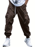 kkboxly Plus Size Men's Drawstring Cargo Pants: Letters Print, Multi-Pocket Design, Perfect For Outdoor Activities