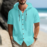 KKBOXLY 2025 men's casual sports long-sleeved shirt versatile trend cotton and linen short-sleeved hooded drawstring cardigan loose T-shirt