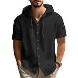 KKBOXLY 2025 men's casual sports long-sleeved shirt versatile trend cotton and linen short-sleeved hooded drawstring cardigan loose T-shirt