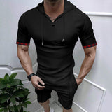 2025KKBOXLY popular  Summer New  Hooded Waffle T-Shirt Men's Sports Casual Short Sleeve Shorts Set