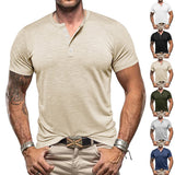 KKBOXLY 2025 2025 summer new  men's retro bamboo joint Henry buckle casual solid color large size short-sleeved T-shirt men