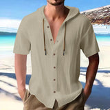 KKBOXLY 2025 men's solid color casual short-sleeved shirt hooded drawstring cotton and linen cardigan trendy versatile loose versatile T-shirt