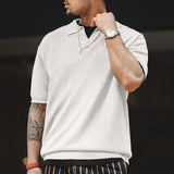 2025KKBOXLY popular  Summer Lapel Short Sleeve Men's Versatile T-Shirt V Lapel Heavy Waffle Loose Knitted Short Sleeve