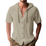 KKBOXLY 2025 men's solid color casual short-sleeved shirt hooded drawstring cotton and linen cardigan trendy versatile loose versatile T-shirt