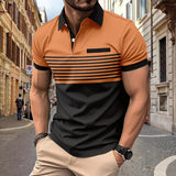 KKBOXLY 2025 Hot trade new men's casual POLO shirt chest pocket V-neck button striped color matching T-shirt