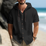 KKBOXLY 2025 men's casual sports long-sleeved shirt versatile trend cotton and linen short-sleeved hooded drawstring cardigan loose T-shirt