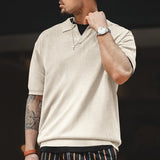 2025KKBOXLY popular  Summer Lapel Short Sleeve Men's Versatile T-Shirt V Lapel Heavy Waffle Loose Knitted Short Sleeve