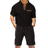 KKBOXLY 2025 summer men's wear with short-sleeved shorts two-piece set, heavy waffle lapel T-shirt, casual sports suit