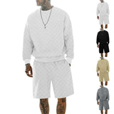 KKBOXLY 2025 2025 creative checkerboard casual sports suit  men's long-sleeved shorts crew neck two-piece set