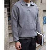 kkboxly  Solid Color Retro Chic Knit Shirt, Men's Casual Lapel High Stretch V-Neck Pullover Sweater For Spring Fall