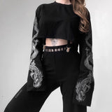 kkboxly  Snake & Letter Print Crop Hoodie, Casual Long Sleeve Fashion Sweatshirt, Women's Clothing