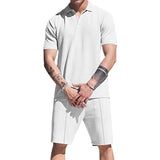 2025KKBOXLY  new men's summer waffle lapel solid color thin casual PoloV neck T-shirt shorts two sets