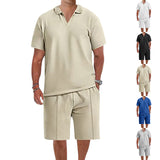 2025KKBOXLY  new men's summer waffle lapel solid color thin casual PoloV neck T-shirt shorts two sets