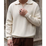 kkboxly  Solid Color Retro Chic Knit Shirt, Men's Casual Lapel High Stretch V-Neck Pullover Sweater For Spring Fall