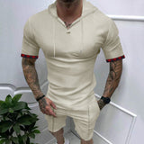 2025KKBOXLY popular  Summer New  Hooded Waffle T-Shirt Men's Sports Casual Short Sleeve Shorts Set