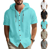 KKBOXLY 2025 men's casual sports long-sleeved shirt versatile trend cotton and linen short-sleeved hooded drawstring cardigan loose T-shirt