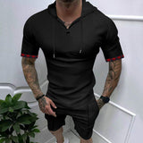 2025KKBOXLY popular  Summer New  Hooded Waffle T-Shirt Men's Sports Casual Short Sleeve Shorts Set