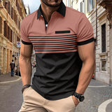 KKBOXLY 2025 Hot trade new men's casual POLO shirt chest pocket V-neck button striped color matching T-shirt