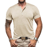 KKBOXLY 2025 2025 summer new  men's retro bamboo joint Henry buckle casual solid color large size short-sleeved T-shirt men