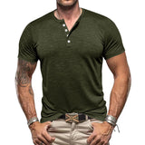 KKBOXLY 2025 2025 summer new  men's retro bamboo joint Henry buckle casual solid color large size short-sleeved T-shirt men