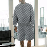 KKBOXLY 2025 2025 creative checkerboard casual sports suit  men's long-sleeved shorts crew neck two-piece set