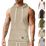 KKBOXLY 2025 New 2025 men's casual European size summer knitted texture hoodie sleeveless T-shirt pouch drawstring back