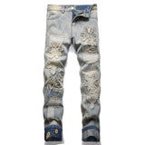 kkboxly  Men's Casual Letter Embroidery Jeans, Chic Vintage Style Skinny Denim Pants