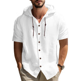 KKBOXLY 2025 men's casual sports long-sleeved shirt versatile trend cotton and linen short-sleeved hooded drawstring cardigan loose T-shirt