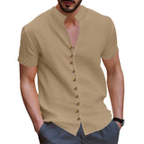 KKBOXLY 2025 Summer   2025 men's retro large size linen button-up collar short-sleeved shirt trend