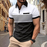 KKBOXLY 2025 Hot trade new men's casual POLO shirt chest pocket V-neck button striped color matching T-shirt