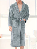 kkboxly Men's Comfy Solid Fleece Robe Home Pajamas Wear With Pocket One-piece Lace Up Kimono Night-robe Warm Sets After Bath