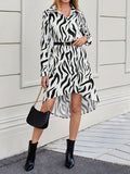 kkboxly  Zebra Print Dipped Hem Dress, Casual Button Front Long Sleeve Dress, Women's Clothing