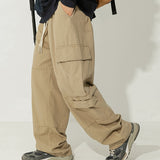 kkboxly  Retro Solid Men's Loose Cotton Comfy Cargo Pants With Drawstring And Multi-pocket Design For All Seasons Outdoor