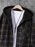 kkboxly  Retro Plaid Shirt Coat For Men Long Sleeve Casual Regular Fit Button Up Hooded Shirts Jacket Shacket