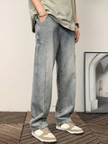 Men's Stylish Vintage Style Loose Denim Pants With Pockets, Casual Breathable Cotton Blend Straight Leg Jeans For Spring Fall