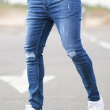 kkboxly  Slim Fit Ripped Jeans, Men's Casual Street Style Distressed Mid Stretch Denim Pants For Spring Summer