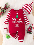 2pcs Set Infant Toddler Long Sleeve Romper & Hat, Letter Print Cute Christmas, Suitable For Outdoor Wear, Spring And Autumn