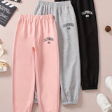 3 Pcs Girls Joggers Letter Print Elastic Waist Trendy Sweatpants Jogger Pants Outfit