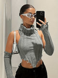 kkboxly  Backless Turtle Neck Top, Sexy Raw Trim Hanky Hem Crop Knit Top With Arm Sleeve, Women's Clothing