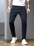 kkboxly  Contrast Stitching Slim Fit Jeans, Men's Casual Street Style Mid Stretch Denim Pants For Spring Summer