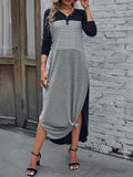 kkboxly  Women's Casual Loose Dress Long Sleeve Front Asymmetric Dress Striped Button Dress