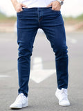 kkboxly Slim Fit Cotton Jeans, Men's Casual Solid Color Mid Stretch Denim Pants For Spring Summer