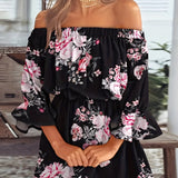 Kkboxly  Boho Leaf Graphic Print Off Shoulder Dress, Sexy Backless Ruffle Sleeve Dress For Spring & Summer, Women's Clothing